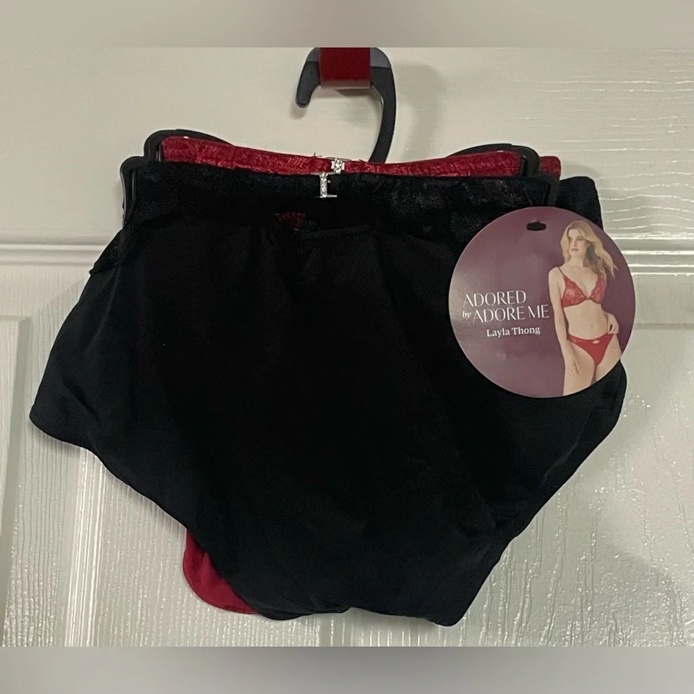 Adore‎ Me Layla Thong 2-Pack Red Black Lace Rhinestone Cutout Panties NWT 3X
